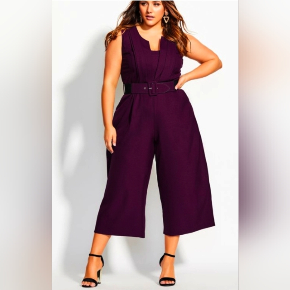 City Chic Plum Wide-Leg Belted Jumpsuit - Size 16